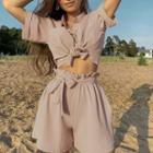 Set: Tie-front Short-sleeve Crop Top + Ruched Shorts