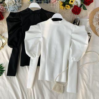 Plain Ruched Puff-sleeve Top