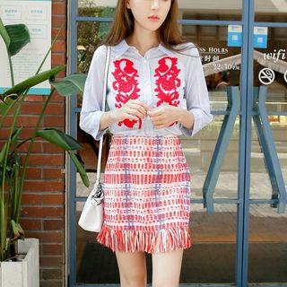 Set: Embroidery Shirt + Fringed Pencil Skirt