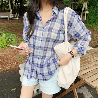 Long-sleeve Plaid Sheer Shirt Navy Blue - One Size