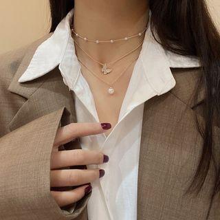 Butterfly / Faux Pearl / Alloy Necklace / Set Set - Necklace - Gold - One Size