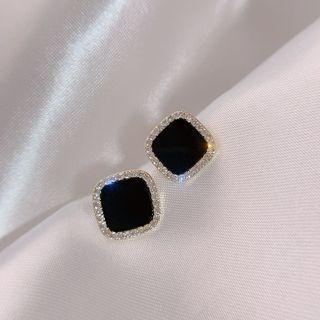 Rhinestone Square Stud Earring 1 Pair - Black - One Size