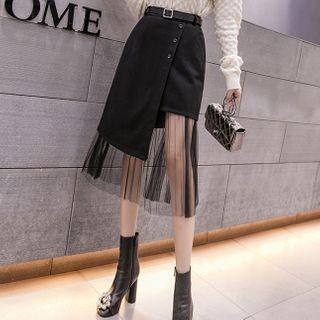 Irregular Mesh Trim Midi A-line Skirt