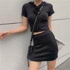 Set: Plain Crewneck Short-sleeve Slim-fit Top + High-waist Skirt