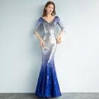 Sequined Elbow-sleeve Mermaid Evening Gown