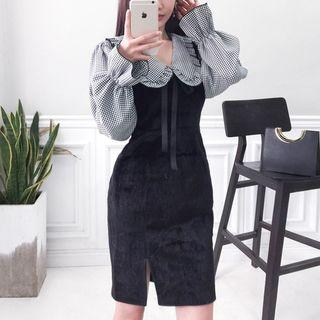 Set: Houndstooth Blouse + Slit Detail Sheath Jumper Dress