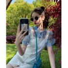 Set: Floral Mesh Short-sleeve Blouse + Camisole Top + Zip Mini Pinafore Dress