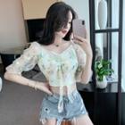 Floral Embroidered Mesh Short-sleeve Bow Cropped Top