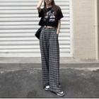 Short-sleeve Lettering Print Cropped T-shirt / Plaid Wide Leg Pants