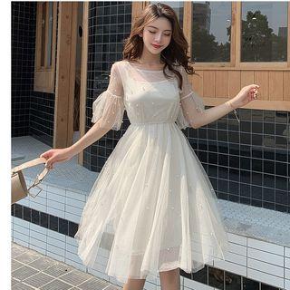 Set: Short-sleeve Beaded Mesh Dress + Spaghetti Strap Dress