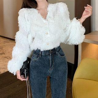 Long-sleeve Fluffy Button-up Top