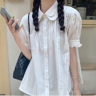 Puff-sleeve Layered Collar Blouse / Irregular Midi A-line Skirt
