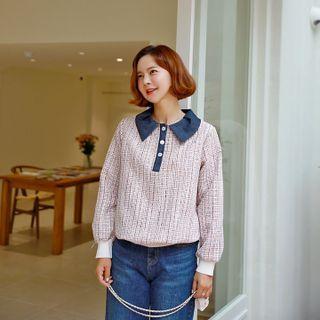 Denim-collar Tweed Sweatshirt