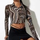Printed Long-sleeve Collar Cropped Top