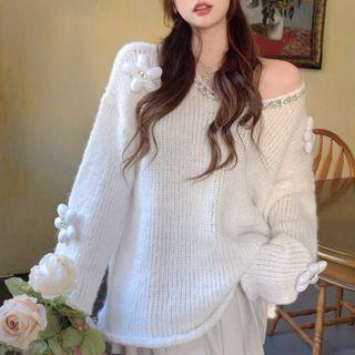 Rhinestone-trim Flower-accent Oversized Sweater
