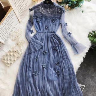 Lace Panel Long-sleeve Midi A-line Dress