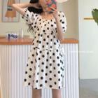 Dotted Short-sleeve A-line Dress Dots - Black & White - One Size