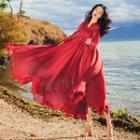 Long-sleeve A-line Chiffon Midi Beach Dress