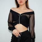 Off-shoulder Mesh Cropped Zip Jacket