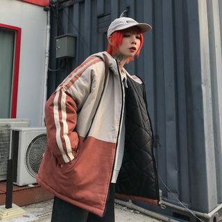 Contrast-trim Two-tone Lettering Hooded Puffer Jacket