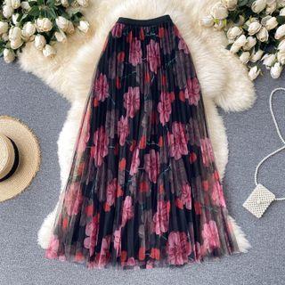 Mesh Floral Pleated Skirt