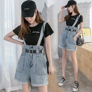 Short-sleeve Letter Embroidered T-shirt / Washed Denim Jumper Shorts / Set