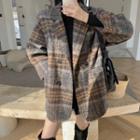 Double Breasted Plaid Coat Brown & Gray - One Size