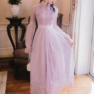 Lace Trim Bell-sleeve Maxi A-line Mesh Dress