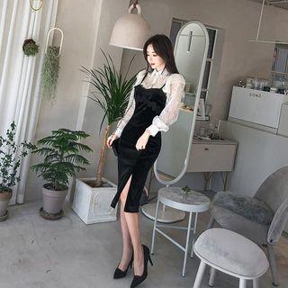Lace-trim Velvet Pinafore Dress