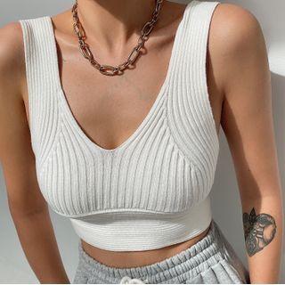 V-neck Plain Striped Cropped Knit Tank Top