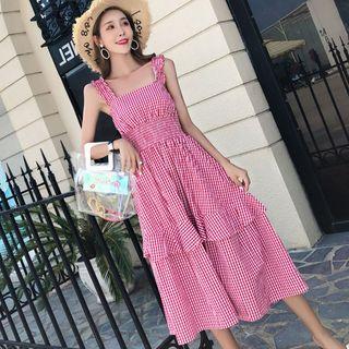 Gingham Wide-strap A-line Midi Dress