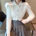 Furry Cropped Cardigan / Pleated Mini Skirt / Lace Hem Mini Pencil Skirt