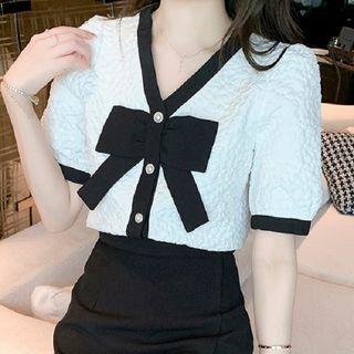 Puff-sleeve Ribbon Contrast Trim Chiffon Top