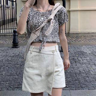 High-waist Asymmetric Plain Skort / Contrast Trim Lettering Cropped T-shirt / Short-sleeve Tie-waist Leopard Top
