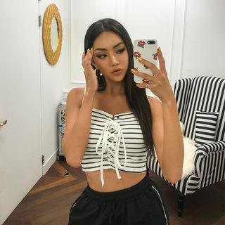 Spaghetti-strap Lace-up Striped Top