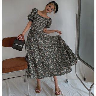 Off-shoulder Smocked Floral Midi Dress