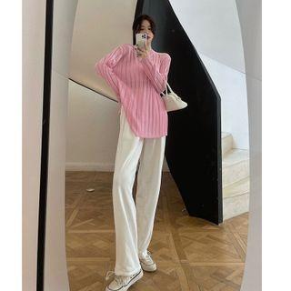 Plain Bralette / Sheer Light Knit Top / Wide-leg Drawstring Sweatpants