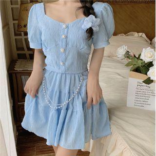 Square-neck Button-up Blouse/ High-waist Plain Mini Skirt