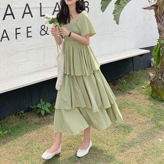Short-sleeve Plain Layered Pleated Dress