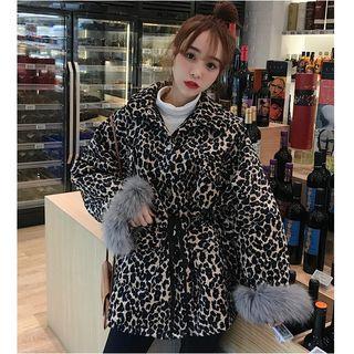 Faux Fur Trim Leopard Print Padded Coat
