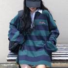Long-sleeve Lettering Embroidered Striped Polo Shirt As Shown In Figure - One Size