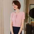 Short-sleeve Plain Blouse / Slit Mini Pencil Skirt / Set