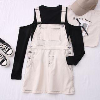 Set: Off-shoulder Long-sleeve T-shirt + Stitched Denim Jumper Dress
