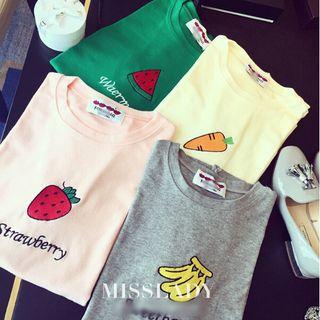 Elbow-sleeve Fruit Embroidered T-shirt