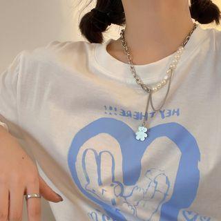 Bear Pendant Faux Pearl Alloy Necklace 1pc - Silver - One Size