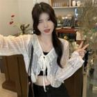 Long-sleeve V-neck Lace Trim Cropped Cardigan