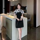 Set: Short-sleeve Floral Mesh Crop Top + Spaghetti Strap Mini Sheath Dress