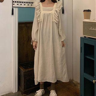 Long-sleeve Frill-trim Midi Dress Almond - One Size