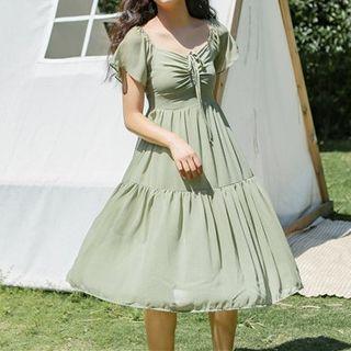 Dotted Drawstring Short-sleeve Midi A-line Dress