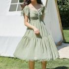 Dotted Drawstring Short-sleeve Midi A-line Dress